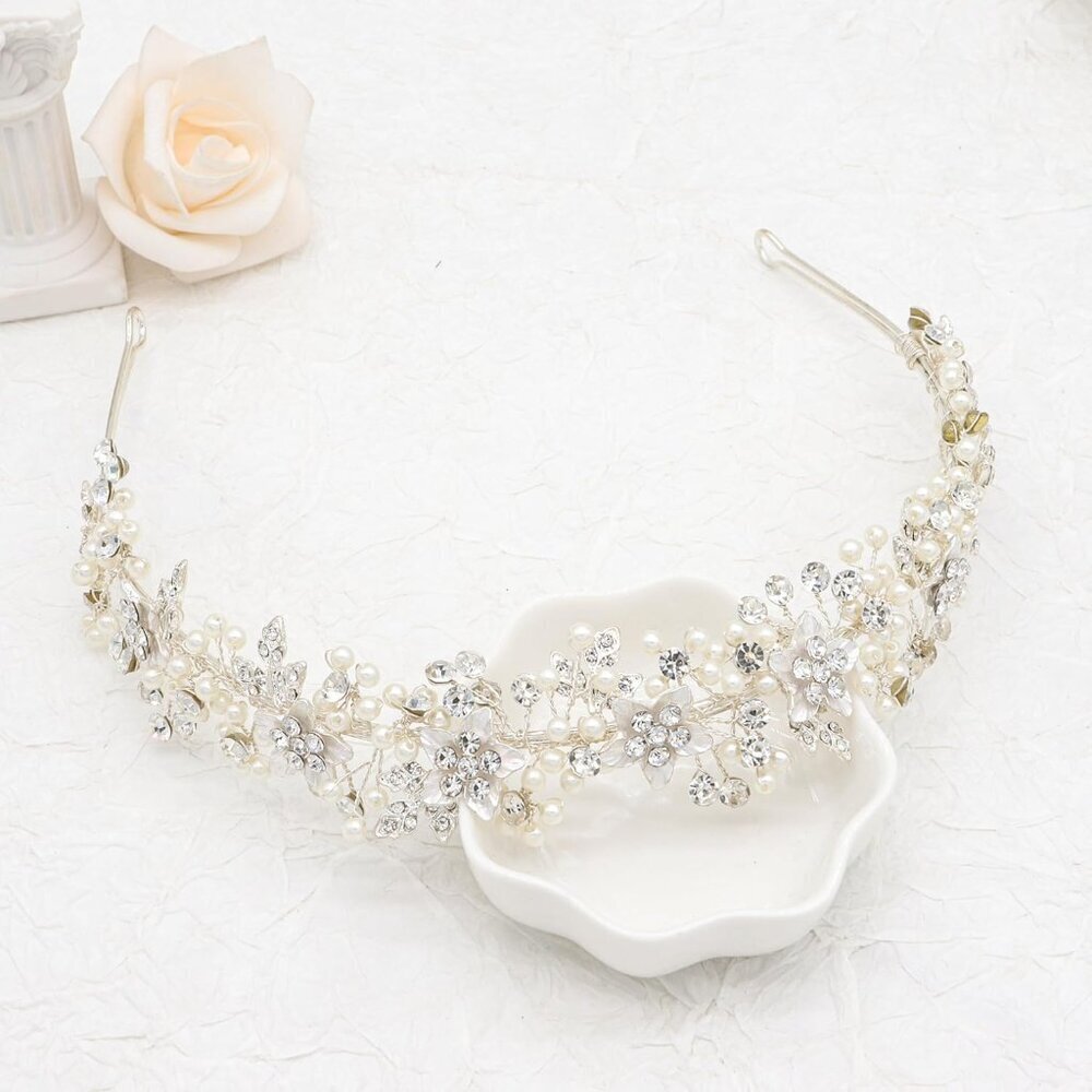 Bridal Pearl Crystal Floral Headband Wedding Hair Accessory for Women Silver